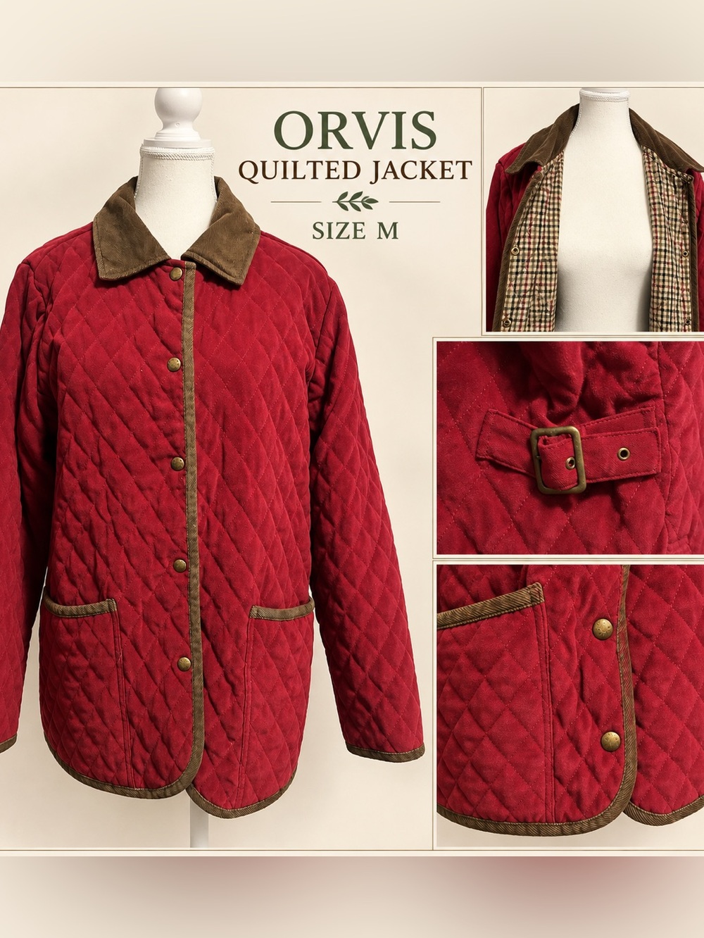 Orvis Women’s Red Quilted Barn Jacket Plaid Lined Size Medium